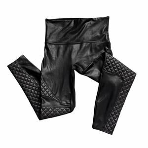 Spanx Leggings Womens L Petite Black Faux Leather Moto Quilted Ankle High Rise